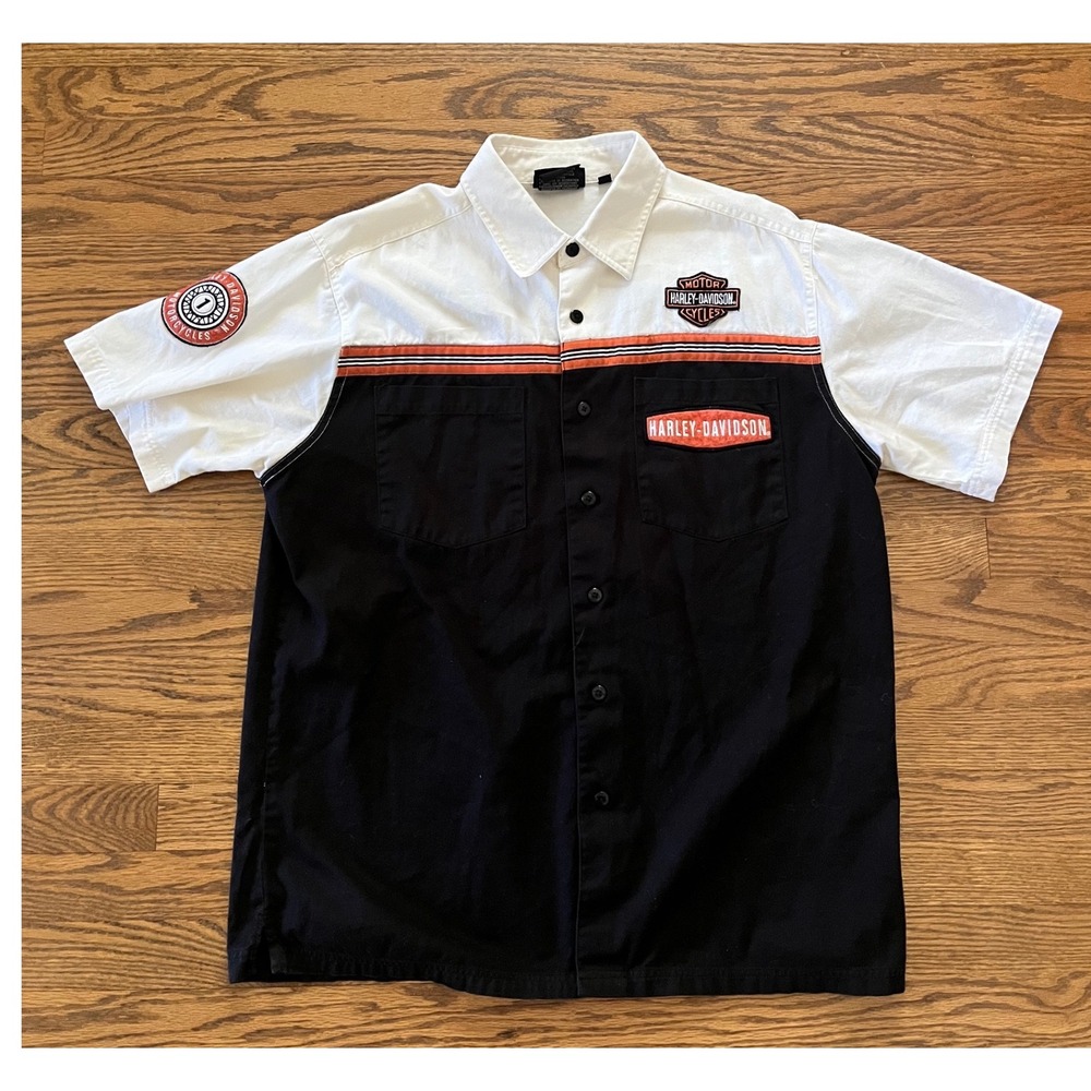 Harley-Davidson Mens Large Short Sleeve Garage Shirt Vintage 2-Sided Patches